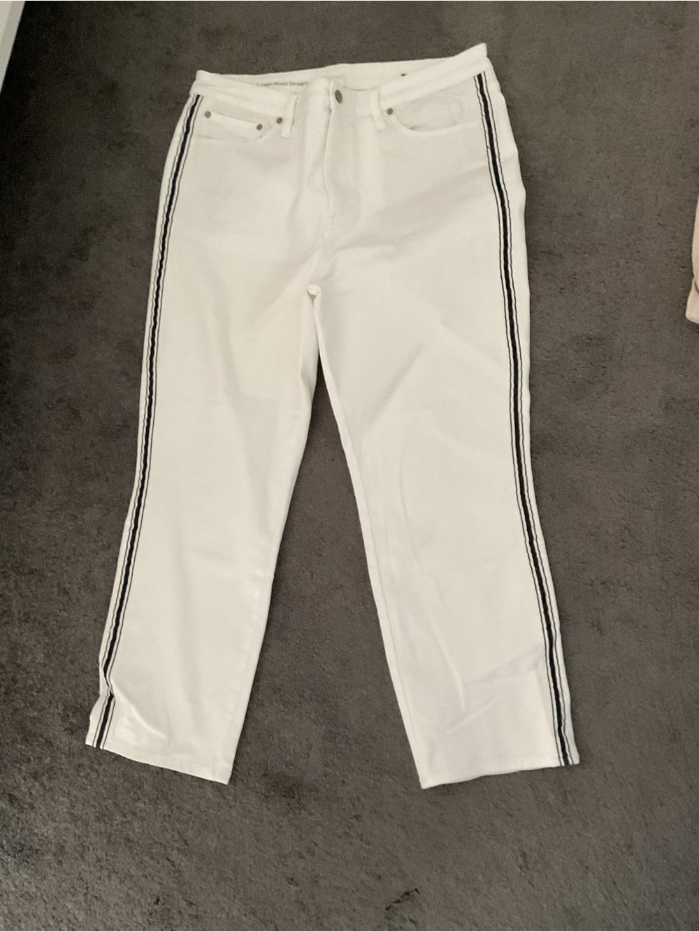 Talbots White High-Waist Straight Jeans with Black Twin Stripes